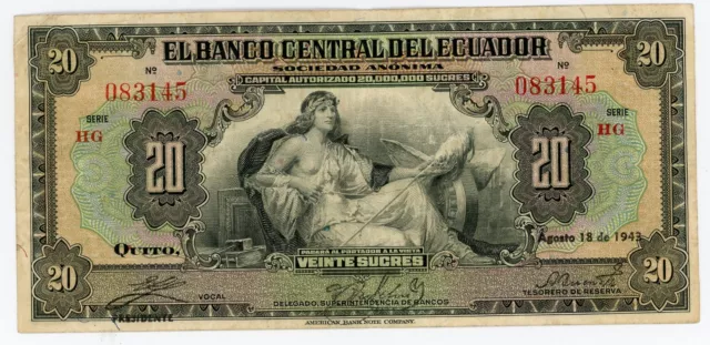 Ecuador … P-93b … 20 Sucres … 18-Aug-1943  ... Choice*VF+* Serie HG.