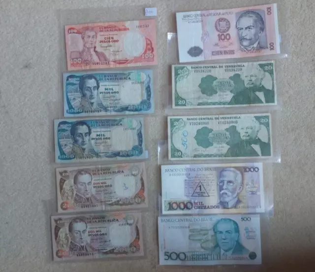 10 x South American Bank Notes Peru, Colombia, Venezuela, Brazil