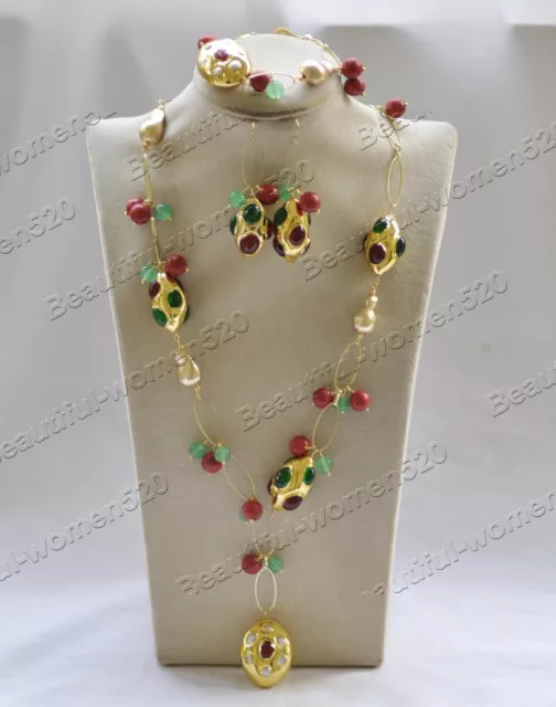Z12658 Set Green Red Agate Shuttle Red Coral Jade  Pea Necklace bracelet earring