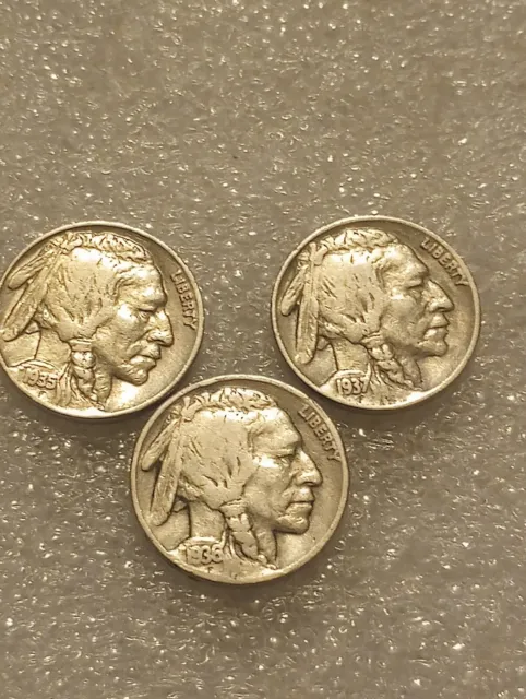 BUFFALO Indian Head Nickel lot (3) Coins with FULL DATES-All Different dates!