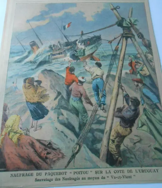 1907 Naufrage du paquebot Poitou sur Cote de l'Uruguay Illustration Gravure