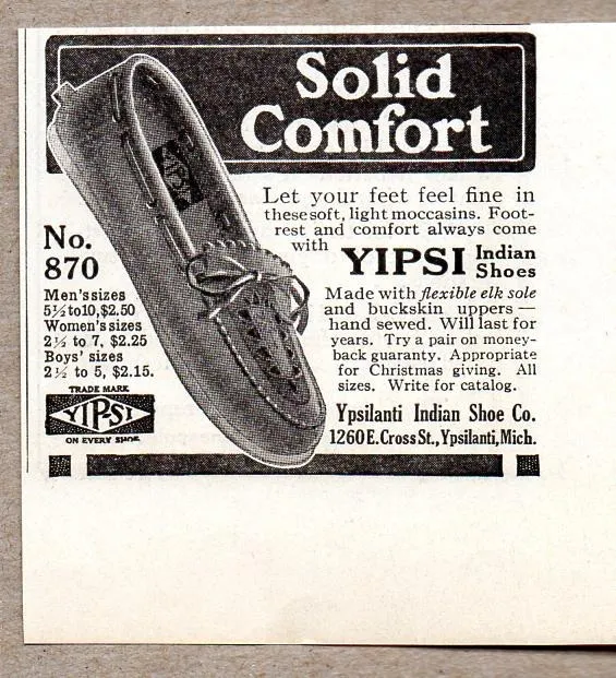 1915 Print Ad Yipsi Indian Shoes Moccasins Ypsilanti,MI