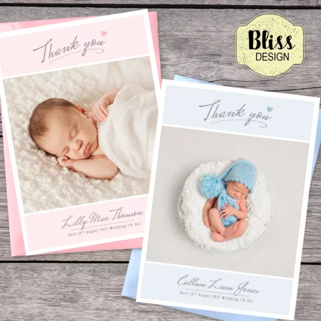 Personalised New Baby Thank You Cards / Announcement Envelopes + Photo (B3) 3