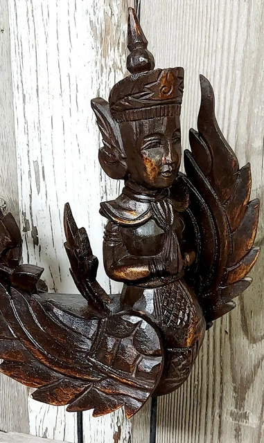 Vtg Burmese Thai Carved Wood Kannara/i Nat Spirit Deity Sculpture on Wood Stand 4