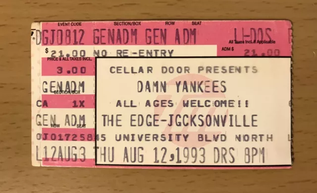 1993 Damn Yankees Jacksonville Concert Ticket Stub Ted Nugent Tommy Shaw