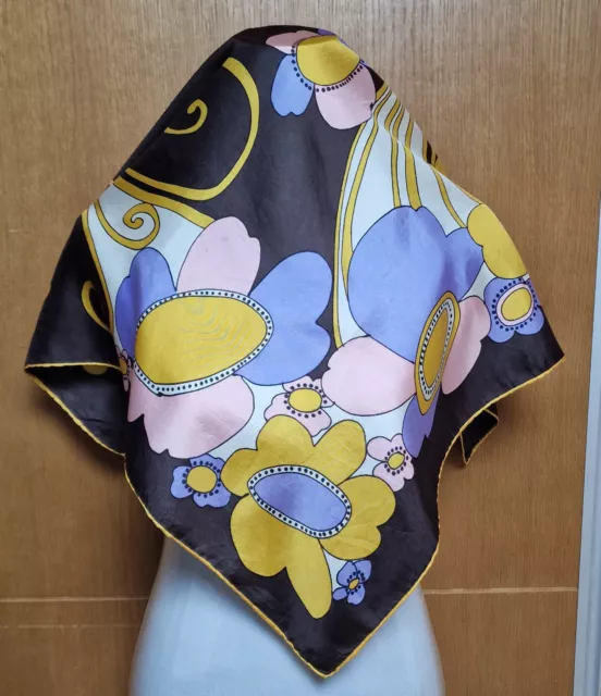 Vintage Authentic Luxurious Twill Silk Floral Scarf Brown Yellow Blue