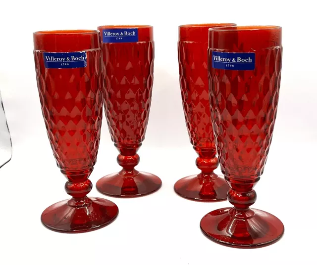 Four New VILLEROY & BOCH 6 1/4" Ruby Red Glass Champagne Flutes