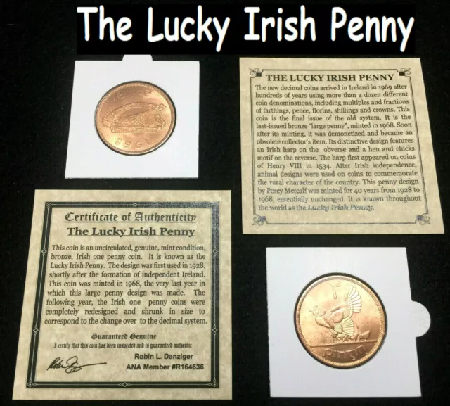 Lucky Irish Penny Minted In 1968 UNC COA-History & Coin Holder & Album Included