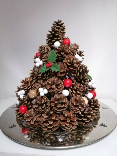 Decors Sapin De Noel Pommes De Pin Et Perles En Bois Naturel + Plateau Argente