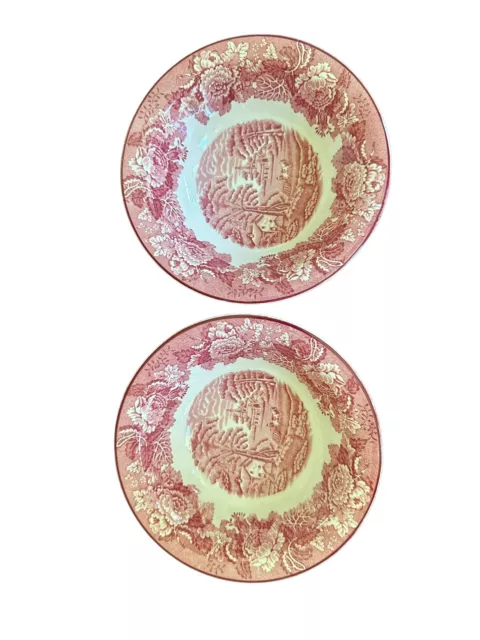 Woods And Sons Red Pink Transferware English Scenery Cereal Bowls Set Of 2