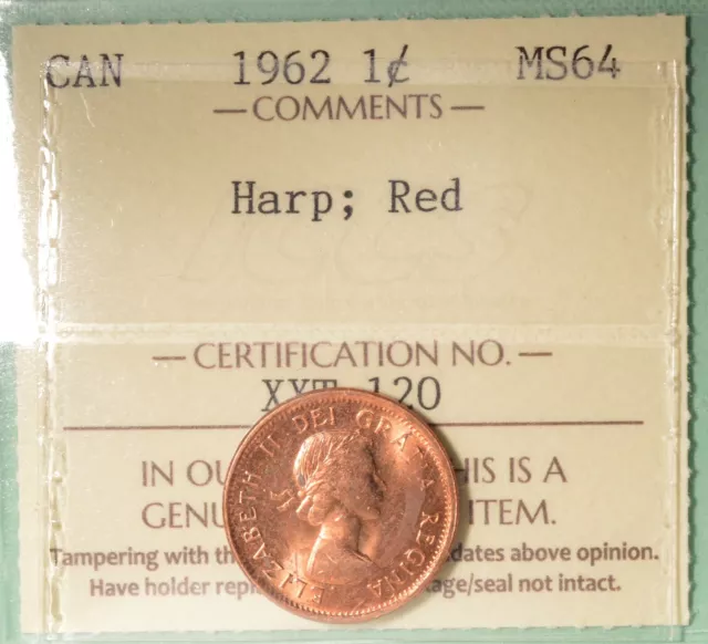 1962 - Canada Penny - HARP  -  Graded - ICCS MS 64 RED  - serial# XXT 120