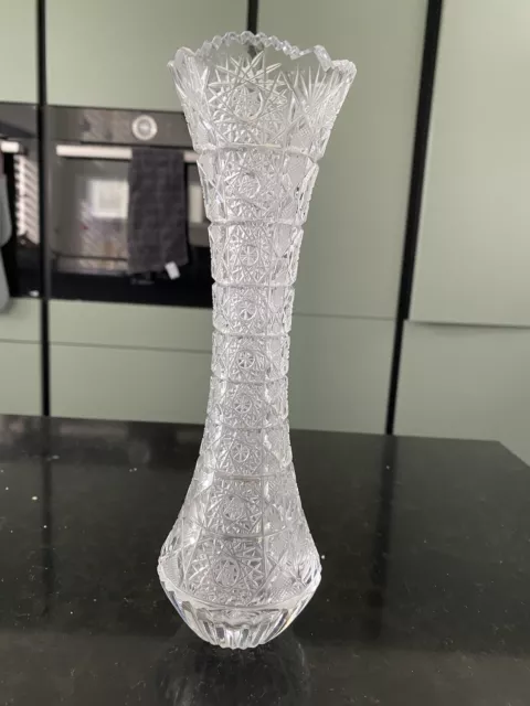 Bohemian Czech 24% Lead Crystal Flower Vase Hand Cut Queens Lace 9” (23cm) Tall