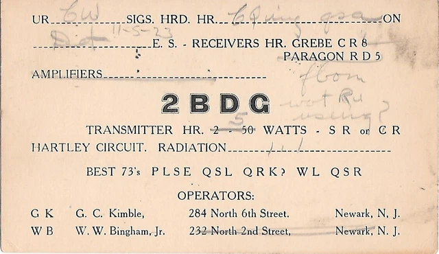 Vintage Ham Radio Qsl Cards 1923  2Bdg  Newark, Nj