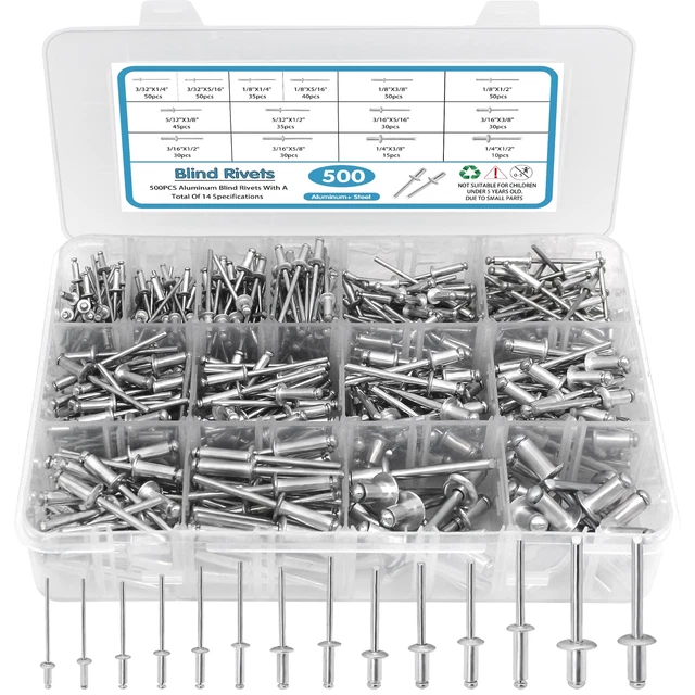 500pcs Aluminum Pop Rivets Assortment Kit 14 SAE Sizes