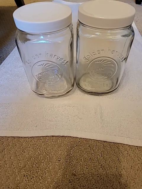 Set of 2 GOLDEN HARVEST Clear Storage Canister Jars w/white plastic lids