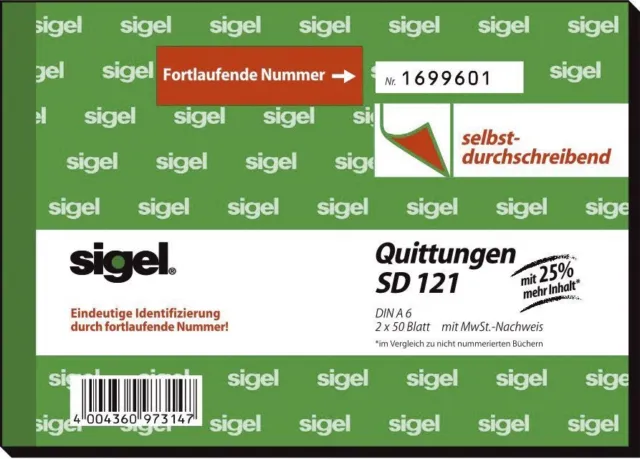 Sigel® SD121 Quittungen mit Sicherheitsdruck - A6 quer, SD, MP, 2 x 50 Blatt