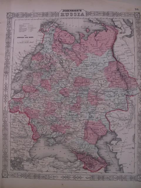 Hand Colored Map Johnson's Atlas Russia Moscow Warsaw St. Petersburg 1863