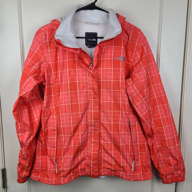 The North Face Womens Orange Salmon Plaid Rain Coat Hooded HyVent Jacket Size XL