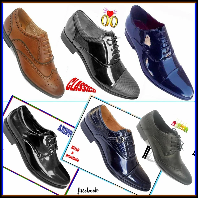 SCARPE UOMO CLASSICHE ELEGANTI francesine vernice pelle eco  nero blu