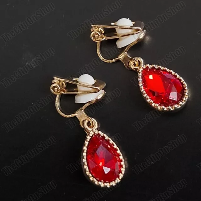 CLIP ON small mini teardrop GOLD&RED AUSTRIAN CRYSTAL non-pierced EARRINGS drop 2