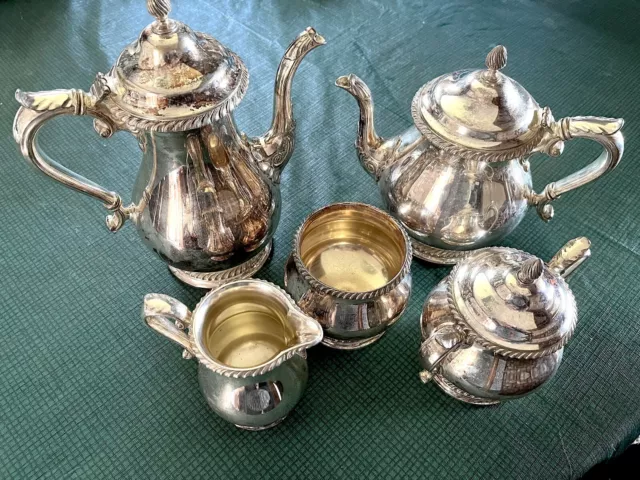 Vtg  Gorham Epns Silver Plate Teapot Coffee Pot Set W Sugar Creamer, Spoon Holdr