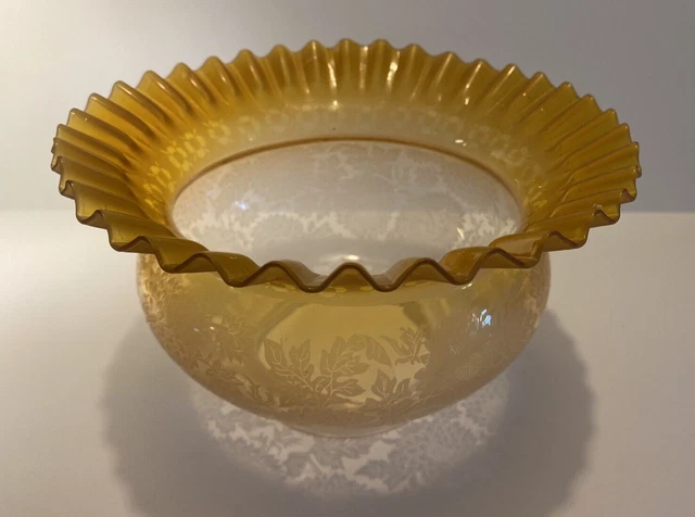 Antique Acid Etched Flowers Golden Yellow Crown Ruffled Gas Or Oil  Shade