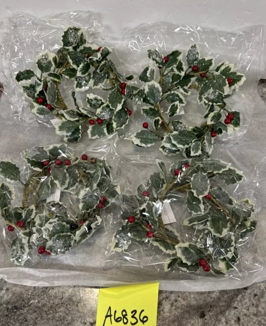 SET OF 4 Frosted Red HOLLY BERRY green leaf CANDLE RINGS 9” VALERIE PARR HILL