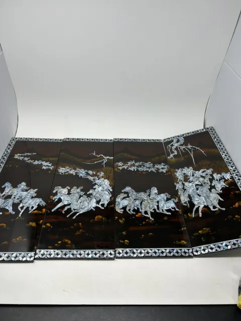 Lacquer Mother Of Pearl Wall Plaque Set Lot 4 Panel Herd Of Horses Mountain