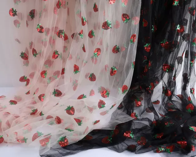 Lovely Strawberry Net Fabric Sequins Embroidery Lace Tulle Sold By The Yard