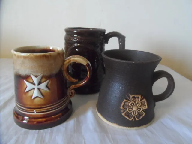 3 x Studio Ware Brown Pottery Mugs Tankards York Rose Maltese Cross Galleon