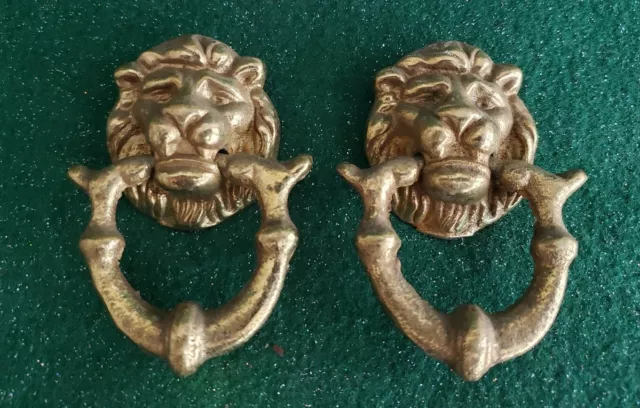 Pair Of Vintage Heavy Solid Cast Brass Lion Head Ring Pull Drawer Pulls (N87)