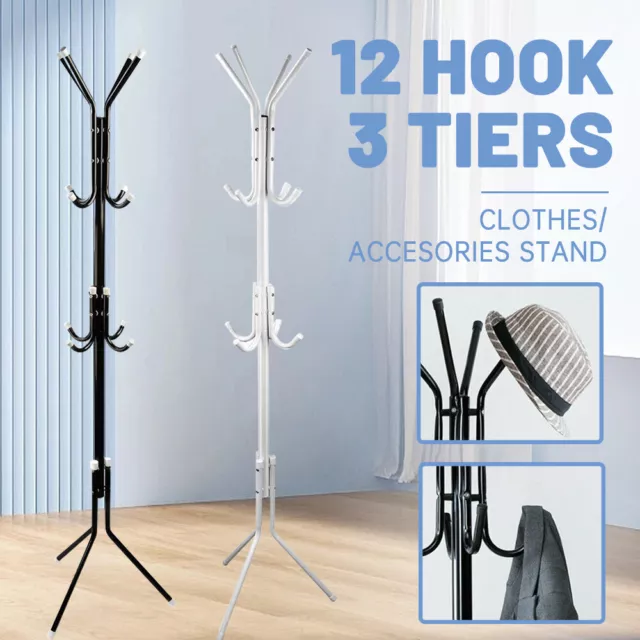 12 Hook Clothes Coat Hanger Stand 3-Tier Hat Rack Metal Tree Style Storage White