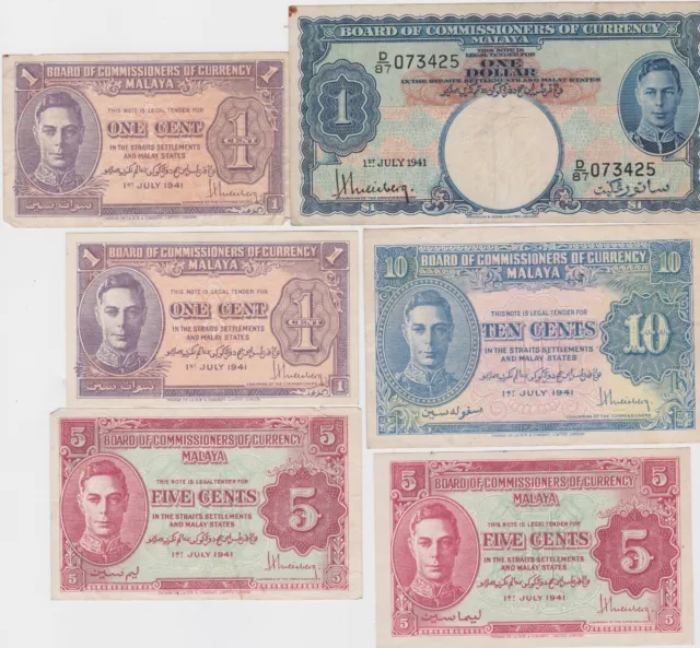 Six Malaya / Strait Settlements 1941 Banknotes In Very Fine Or Better Condition