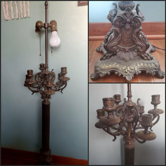 Antique Gothic Revival Candelabra Floor Lamp Fine Casting Troll faces. Electric