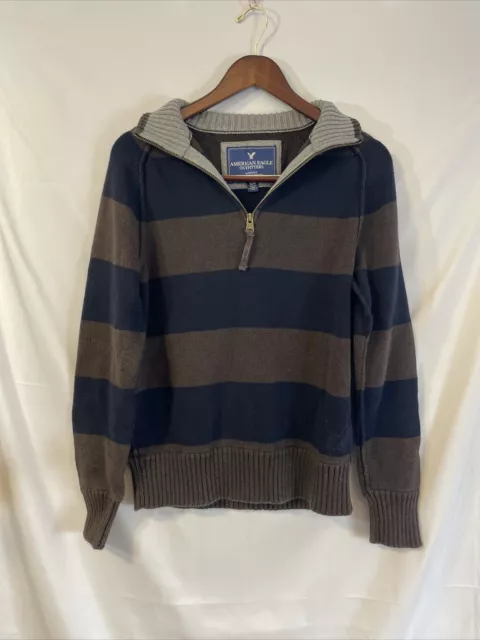 American Eagle Mens Sweater Size M Black Brown 1/4 zip striped