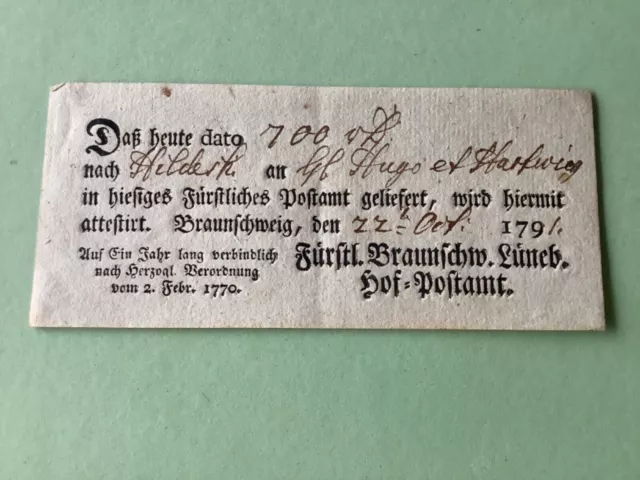 Braunschweig 1791 Prephilately postal note receipt Ref A1483