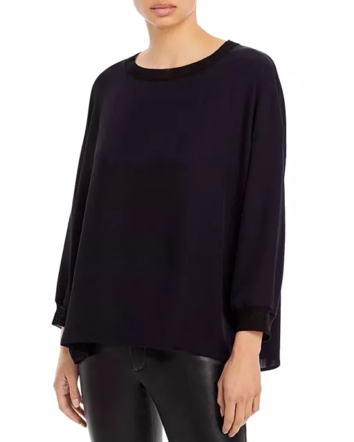 Vince Womens Blouse Plus XXL Black Rib Trim Boat Neck Relaxed Tunic Top $265