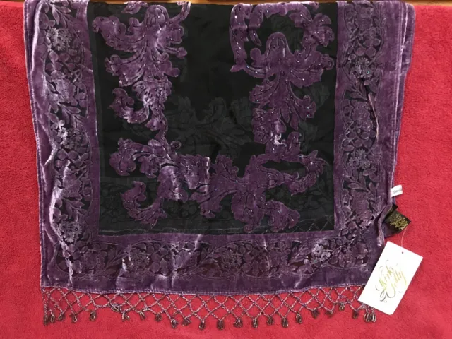 Kirks Folly “Sparkle The World” Sheer Black & Purple Floral Velvet Shawl Scarf