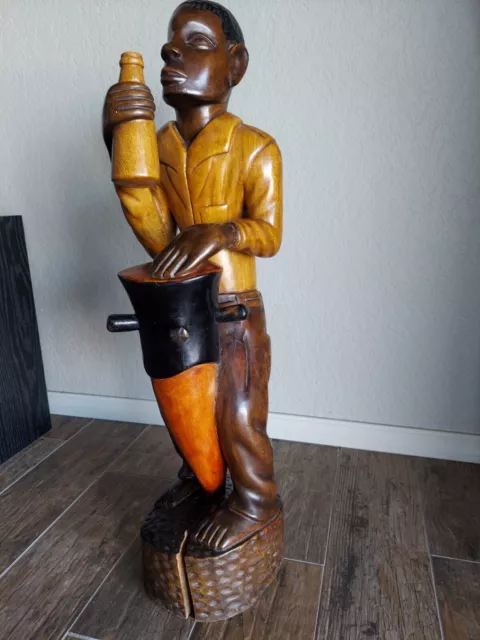 Vintage African Drummer Wooden Hand Carved Statue Figure 31" Tall