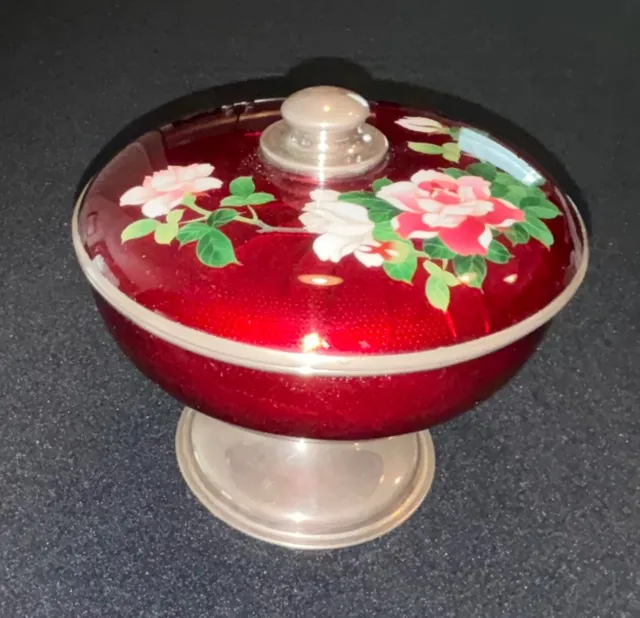 Vintage Deep Red Japanese Ginbari Cloisonne Covered Pedestal Bowl or Dish