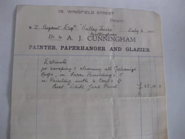 A Bill from A.J.Cunningham Bungay to Mr Bezant Mettingham.