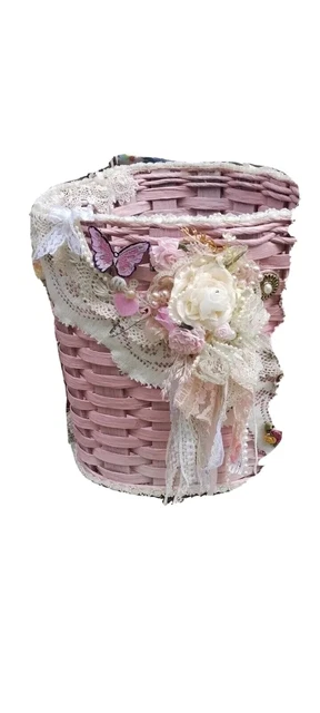 Baby Girls Vntg, Pink HEART  Shape  BASKET, DECORATED SHABBY CHIC, LACE Vintage