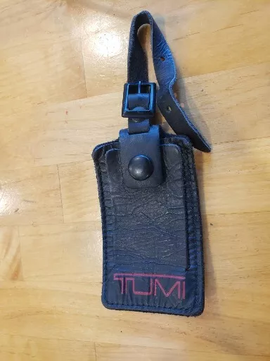 Tumi Black Leather Red Logo Luggage Tag Gunmetal Buckle w/ Snap X1