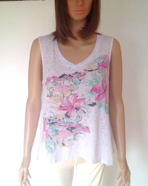 CASEY KEY M Crystal Embellished Tropical Floral White VNeck Beach Tunic Tank Top