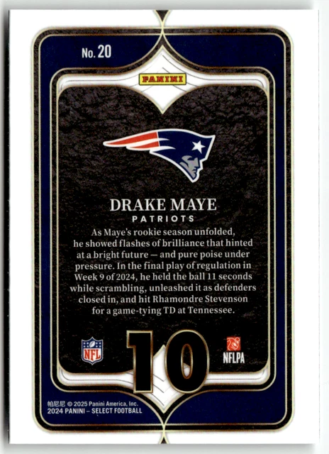 PANINI SELECT NFL Football 2024 No. 20 Drake Maye Rookie Numbers Base ...