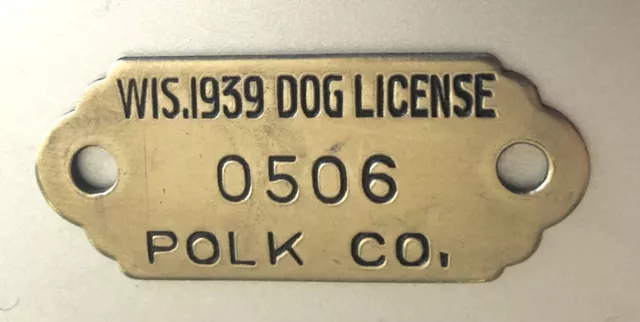 Vintage 1939 Dog License Brass Tag: POLK COUNTY WISCONSIN