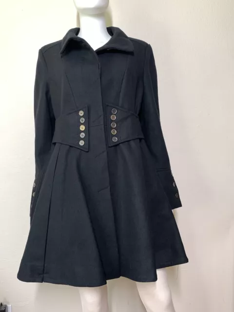 Betsey Johnson Black Wool Blend Coat 12 Fit & Flair Pleated Pockets