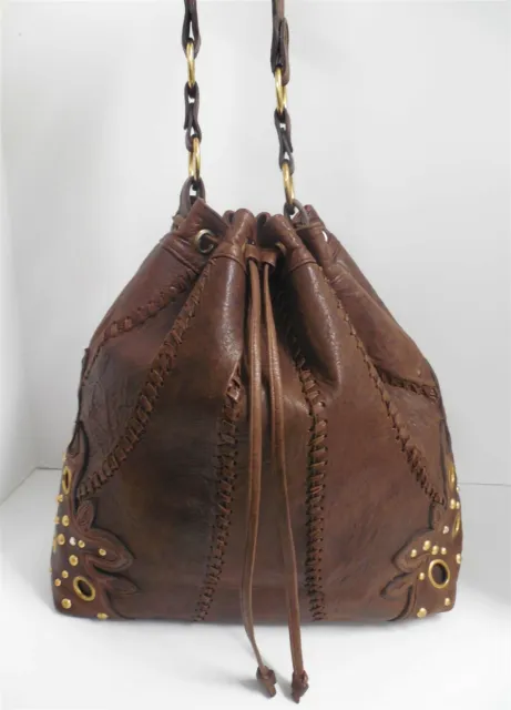 Treesje Brown Leather Whipstitch Leather Studded Grommet Large Drawstring Bag