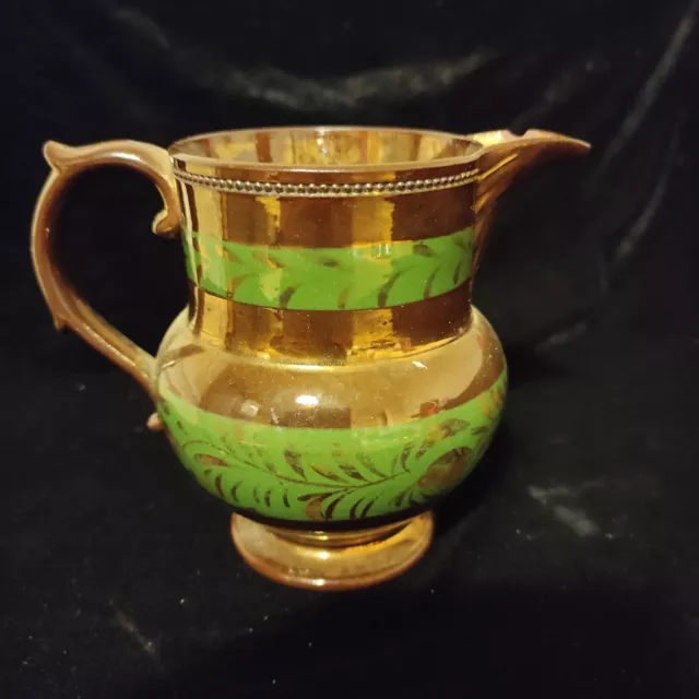 19th Century Staffordshire Copper Lustre Pottery Milk 5" Jug double green bands