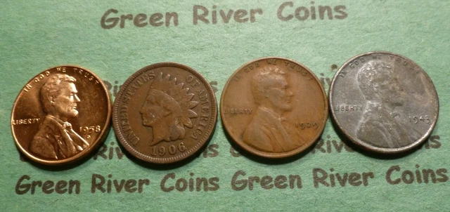 4 coin Lot - 1 BU Lincoln cent, 1943 Steel wheat, Early Wheat, Indian Head Penny